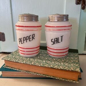 Vintage Hazel Atlas Milk Glass Salt and Pepper Shakers: Retro Red Trim